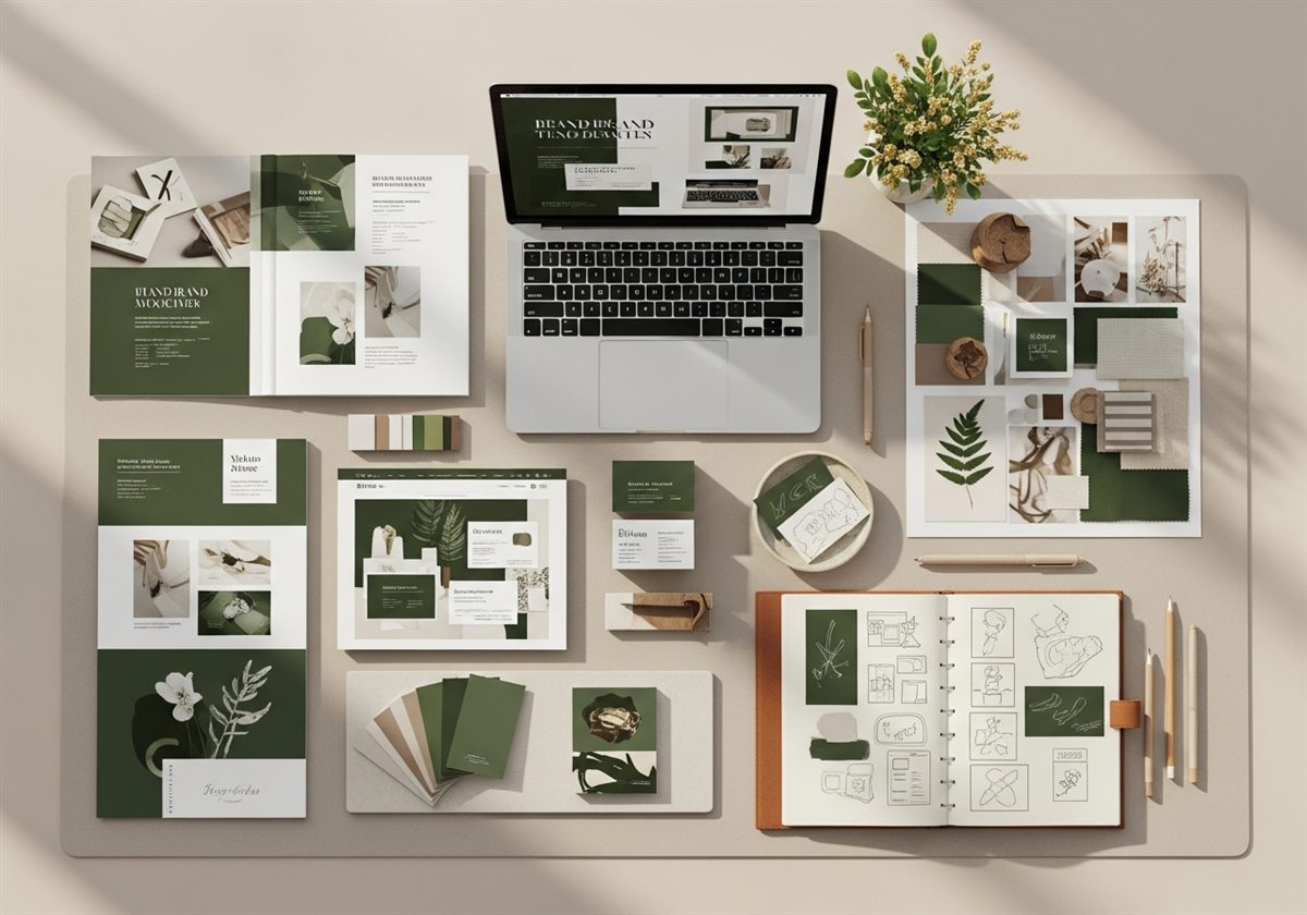 Brand designer presenting a logo and visual identity system